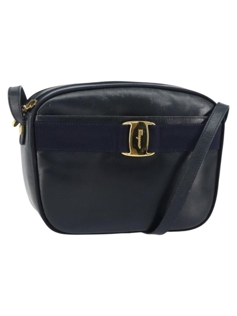Authentic Salvatore Ferragamo Vala Shoulder Bag Leather Navy Gold